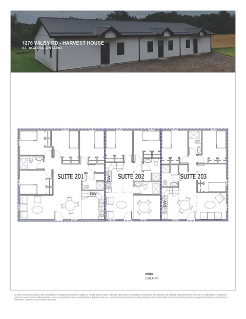 A floor plan for a harvest house is shown with three suites.